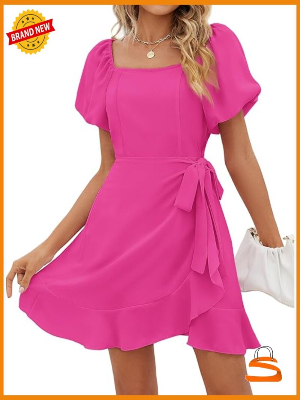 Women's Square Neck Puff Sleeve Tie Waist Mini Dress